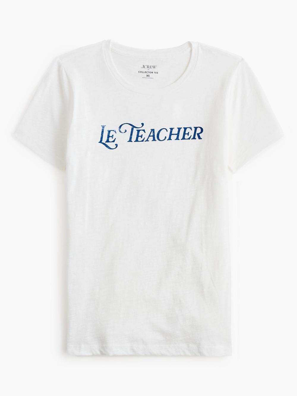 NWT J. Crew Factory 'Le Teacher' White Collectors Tee with Blue Script Size XXS